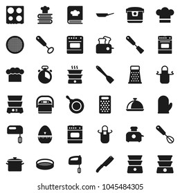 Flat vector icon set - pan vector, cook hat, apron, glove, timer, whisk, spatula, knife, grater, oven, double boiler, cookbook, sieve, dish, mixer, multi cooker, toaster
