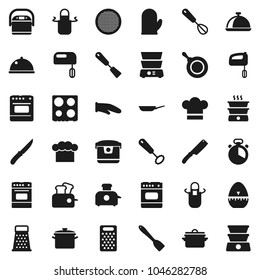 Flat vector icon set - pan vector, cook hat, apron, glove, timer, whisk, spatula, knife, grater, oven, double boiler, sieve, dish, mixer, multi cooker, toaster