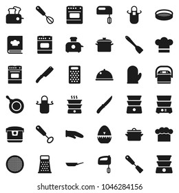 Flat vector icon set - pan vector, cook hat, apron, glove, timer, whisk, spatula, knife, grater, oven, double boiler, cookbook, sieve, dish, mixer, multi cooker, toaster