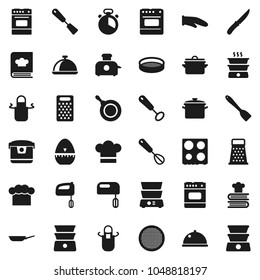 Flat vector icon set - pan vector, cook hat, apron, glove, timer, whisk, spatula, knife, grater, oven, double boiler, cookbook, sieve, dish, mixer, multi cooker, toaster