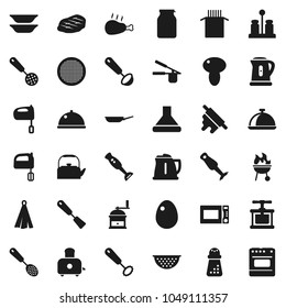 Flat vector icon set - pan vector, kettle, colander, towel, cook press, whisk, skimmer, spatula, ladle, rolling pin, hand mill, mixer, toaster, microwave oven, spices, blender, bbq, plates, sieve