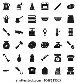 Flat vector icon set - pan vector, kettle, oil, colander, scales, cook hat, apron, glove, towel, press, whisk, skimmer, spatula, ladle, knife, meat hammer, cutting board, hand mill, grater, plates