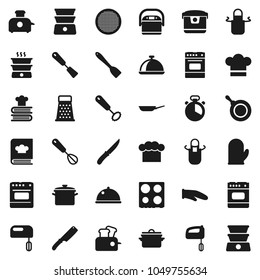 Flat vector icon set - pan vector, cook hat, apron, glove, timer, whisk, spatula, knife, grater, oven, double boiler, cookbook, sieve, dish, mixer, multi cooker, toaster