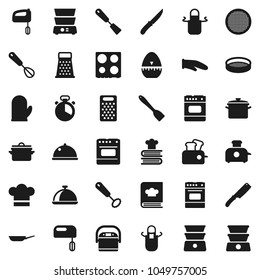 Flat vector icon set - pan vector, cook hat, apron, glove, timer, whisk, spatula, knife, grater, oven, double boiler, cookbook, sieve, dish, mixer, multi cooker, toaster