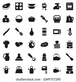Flat vector icon set - pan vector, camping cauldron, kettle, oil, apron, cook timer, skimmer, spatula, ladle, knife, hand mill, mixer, toaster, microwave oven, cookbook, blender, thermometer, bbq