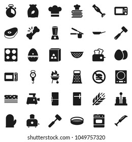 Flat vector icon set - pan vector, colander, scales, cook hat, glove, timer, press, meat hammer, grater, toaster, oven, cookbook, spices, blender, bbq, sieve, cereal, egg, steak, cereals, breads