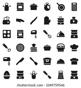 Flat vector icon set - pan vector, cook hat, apron, glove, timer, whisk, spatula, knife, grater, oven, double boiler, cookbook, sieve, dish, mixer, multi cooker, toaster