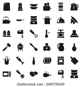 Flat vector icon set - pan vector, kettle, oil, apron, cook press, whisk, skimmer, spatula, rolling pin, meat hammer, cutting board, hand mill, mixer, toaster, oven, double boiler, spices, blender