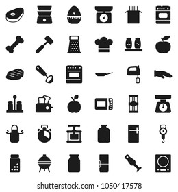 Flat vector icon set - pan vector, scales, cook hat, apron, glove, timer, press, ladle, meat hammer, grater, mixer, double boiler, spices, blender, bbq, jar, pasta, steak, apple fruit, diet, bone