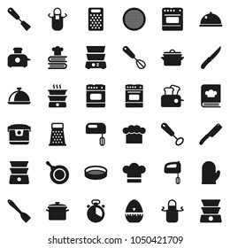 Flat vector icon set - pan vector, cook hat, apron, glove, timer, whisk, spatula, knife, grater, oven, double boiler, cookbook, sieve, dish, mixer, multi cooker, toaster