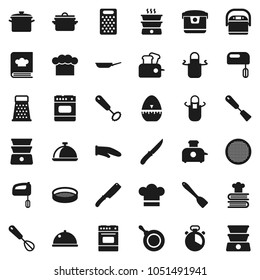 Flat vector icon set - pan vector, cook hat, apron, glove, timer, whisk, spatula, knife, grater, oven, double boiler, cookbook, sieve, dish, mixer, multi cooker, toaster