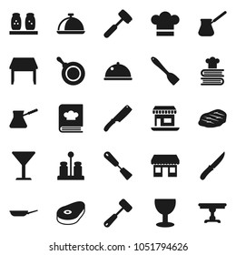 Flat vector icon set - pan vector, cook hat, spatula, knife, meat hammer, turk coffee, cookbook, spices, dish, steak, office, glass, table