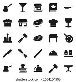 Flat vector icon set - pan vector, cook hat, spatula, knife, meat hammer, turk coffee, cookbook, spices, dish, steak, office, glass, table