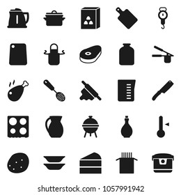 Flat vector icon set - pan vector, kettle, oil, measuring cup, scales, apron, cook press, skimmer, knife, rolling pin, cutting board, oven, thermometer, bbq, plates, jug, jar, cereal, pasta, potato