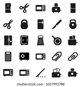 Flat vector icon set - pan vector, grater, toaster, microwave oven, scissors, safe, weight, scalpel, attachment, fridge
