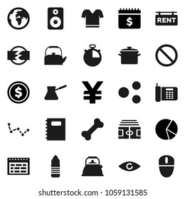 Flat vector icon set - pan vector, kettle, turk coffee, copybook, schedule, constellation, dollar coin, pie graph, calendar, yen sign, stadium, stopwatch, t shirt, water bottle, prohibition, bone