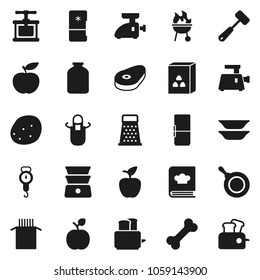 Flat vector icon set - pan vector, scales, apron, cook press, meat hammer, grater, toaster, double boiler, cookbook, bbq, plates, jar, cereal, pasta, potato, steak, apple fruit, diet, bone, fridge