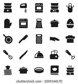 Flat vector icon set - pan vector, cook hat, apron, glove, timer, whisk, knife, grater, double boiler, cookbook, sieve, dish, mixer, toaster, oven