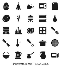 Flat vector icon set - pan vector, camping cauldron, kettle, oil, scales, towel, cook timer, whisk, skimmer, spatula, cutting board, turk coffee, microwave oven, double boiler, spices, thermometer