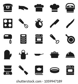 Flat vector icon set - pan vector, cook hat, apron, glove, timer, whisk, spatula, knife, grater, oven, double boiler, cookbook, sieve, dish, mixer, multi cooker