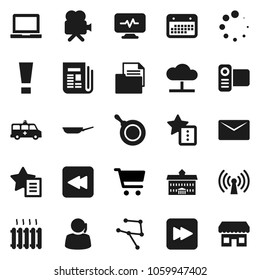 Flat vector icon set - pan vector, university, notebook pc, cart, support, calendar, document, newspaper, video camera, forward button, backward, amkbulance car, diagnostic monitor, network, cloud