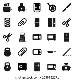 Flat vector icon set - pan vector, grater, toaster, microwave oven, scissors, safe, weight, scalpel, attachment, fridge