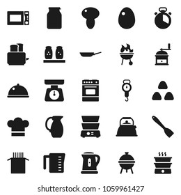 Flat vector icon set - pan vector, kettle, measuring cup, scales, cook hat, timer, spatula, hand mill, toaster, microwave oven, double boiler, spices, bbq, jug, dish, jar, cereal, egg, pasta