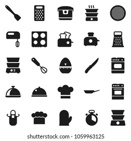 Flat vector icon set - pan vector, cook hat, apron, glove, timer, whisk, spatula, knife, grater, oven, double boiler, sieve, dish, mixer, multi cooker, toaster