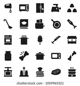Flat vector icon set - pan vector, cook press, ladle, mixer, toaster, microwave oven, cookbook, spices, blender, jar, cereal, pasta, steak, broken bone, fridge, market, meat grinder, double boiler