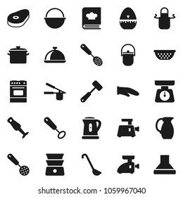 Flat vector icon set - pan vector, camping cauldron, kettle, colander, scales, apron, cook glove, timer, press, whisk, skimmer, ladle, meat hammer, oven, double boiler, cookbook, blender, jug, dish