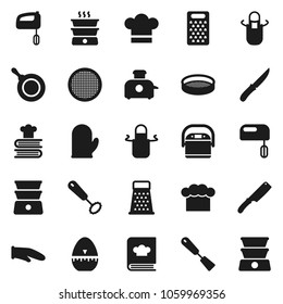 Flat vector icon set - pan vector, cook hat, apron, glove, timer, whisk, spatula, knife, grater, double boiler, cookbook, sieve, mixer, multi cooker, toaster