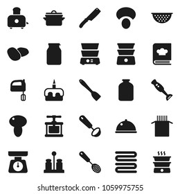 Flat vector icon set - pan vector, colander, scales, towel, cook press, skimmer, spatula, ladle, knife, mixer, toaster, double boiler, cookbook, spices, blender, dish, jar, pasta, mushroom, potato