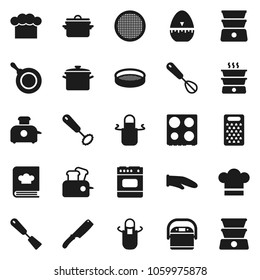 Flat vector icon set - pan vector, cook hat, apron, glove, timer, whisk, spatula, knife, grater, oven, double boiler, cookbook, sieve, multi cooker, toaster