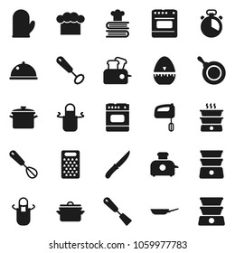 Flat vector icon set - pan vector, cook hat, apron, glove, timer, whisk, spatula, knife, grater, double boiler, cookbook, dish, mixer, toaster, oven