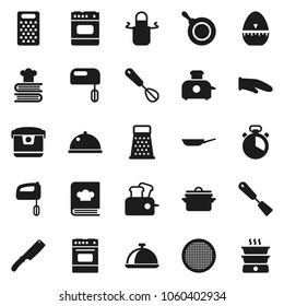 Flat vector icon set - pan vector, apron, cook glove, timer, whisk, spatula, knife, grater, oven, cookbook, sieve, dish, mixer, multi cooker, toaster, double boiler