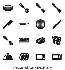 Flat vector icon set - pan vector, skimmer, spatula, knife, plates, sieve, dish, steak, breads, microwave oven