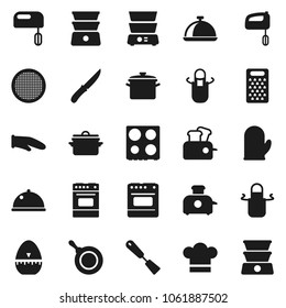 Flat vector icon set - pan vector, cook hat, apron, glove, timer, spatula, knife, grater, oven, double boiler, sieve, dish, mixer, toaster