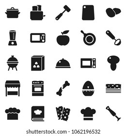 Flat vector icon set - pan vector, cook hat, timer, ladle, meat hammer, cutting board, toaster, microwave oven, cookbook, bbq, dish, cereal, mushroom, potato, diet, breads, broken bone, market