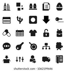 Flat vector icon set - pan vector, cook timer, spices, backpack, arrow down, calendar, pills, document, settings, video camera, rec button, message, loading, hierarchy, route, login, office building