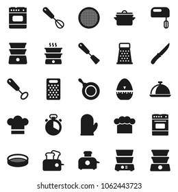 Flat vector icon set - pan vector, cook hat, glove, timer, whisk, spatula, knife, grater, oven, double boiler, sieve, dish, mixer, toaster