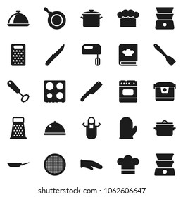 Flat vector icon set - pan vector, cook hat, apron, glove, whisk, spatula, knife, grater, oven, double boiler, cookbook, sieve, dish, mixer, multi cooker