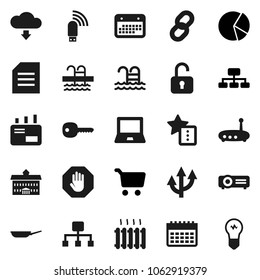 Flat vector icon set - pan vector, university, notebook pc, document, pie graph, cart, hierarchy, calendar, pool, usb modem, router, favorites, cloud download, chain, route arrow, key, stop, heating