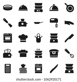 Flat vector icon set - pan vector, cook hat, apron, glove, whisk, spatula, knife, grater, oven, double boiler, cookbook, sieve, dish, mixer, multi cooker, toaster