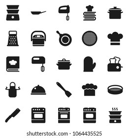 Flat vector icon set - pan vector, cook hat, apron, glove, spatula, knife, grater, oven, double boiler, cookbook, sieve, dish, mixer, multi cooker, toaster