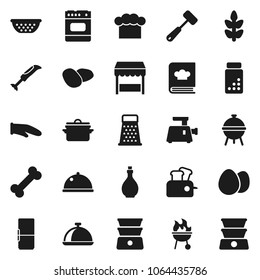 Flat vector icon set - pan vector, oil, colander, cook hat, glove, meat hammer, grater, double boiler, cookbook, bbq, dish, egg, potato, pills vial, cereals, bone, fridge, market, grinder, toaster