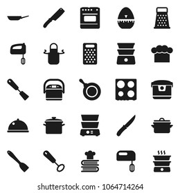 Flat vector icon set - pan vector, cook hat, apron, timer, whisk, spatula, knife, grater, oven, double boiler, cookbook, dish, mixer, multi cooker