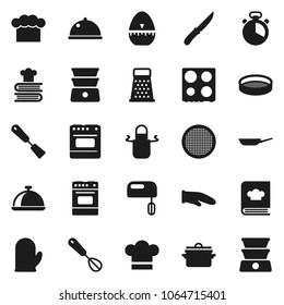 Flat vector icon set - pan vector, cook hat, apron, glove, timer, whisk, spatula, knife, grater, oven, double boiler, cookbook, sieve, dish, mixer