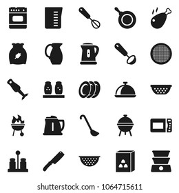 Flat vector icon set - pan vector, kettle, colander, measuring cup, whisk, ladle, knife, spices, blender, bbq, plates, jug, sieve, dish, cereal, chicken leg, microwave oven, double boiler
