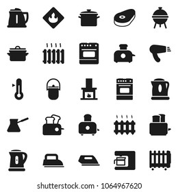 Flat vector icon set - pan vector, camping cauldron, kettle, turk coffee, toaster, oven, thermometer, bbq, steak, flammable, fireplace, heating, iron, maker, hair dryer, heater