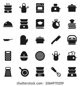 Flat vector icon set - pan vector, apron, cook glove, timer, whisk, knife, grater, double boiler, cookbook, sieve, dish, multi cooker, toaster, oven